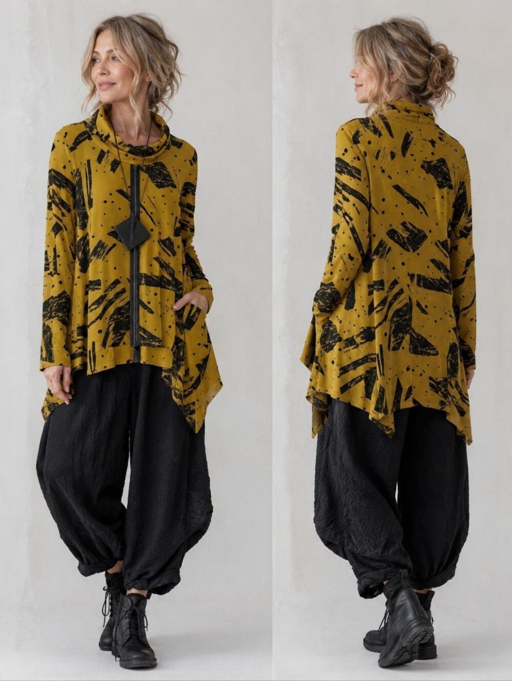 Bamboo Blend Lagenlook Cowl Tunic Abstract Pattern Chalet Et Cici Sz S Lagenlook